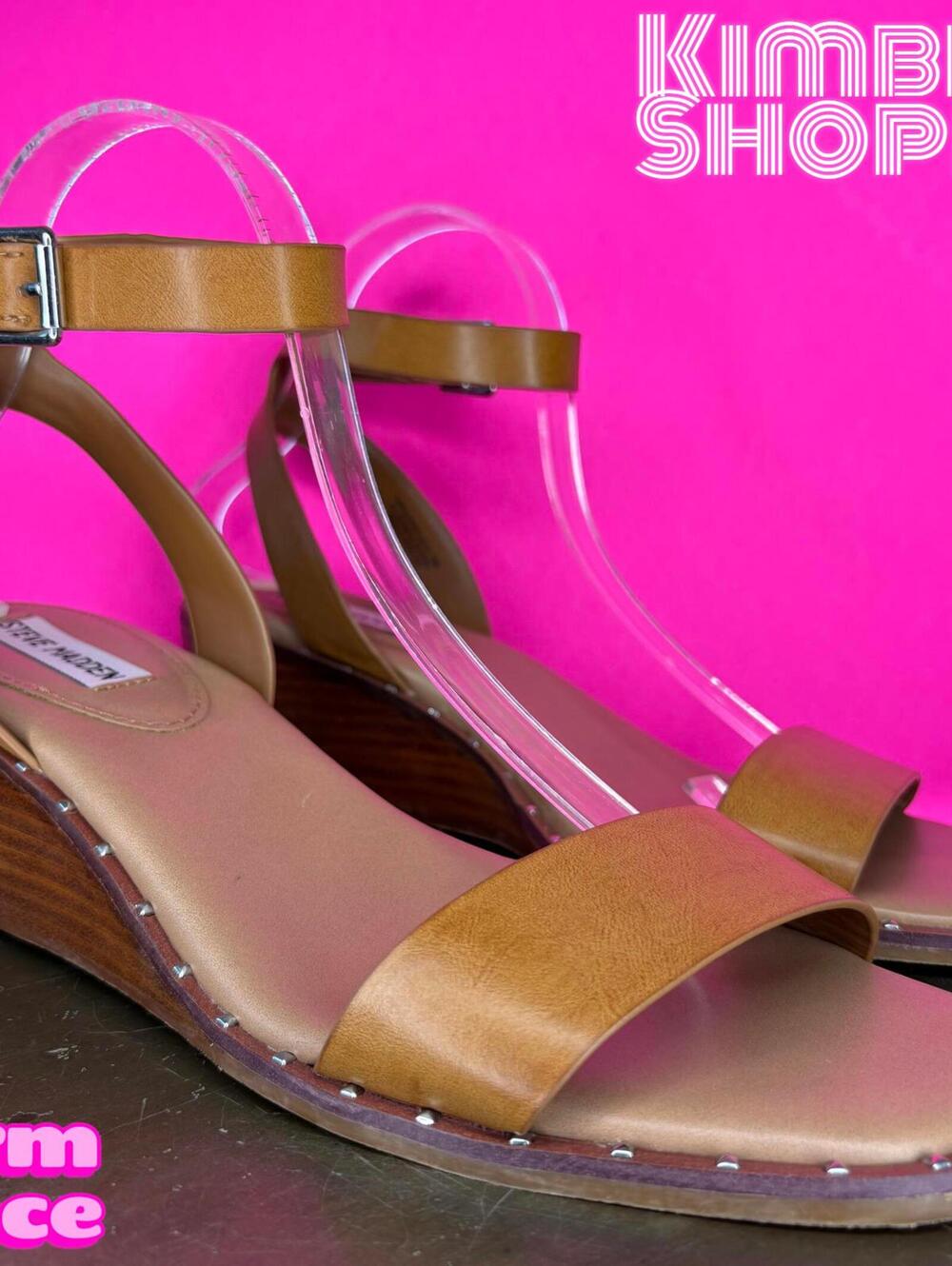 Steve Madden Harlequin Cognac Faux Leather Ankle Strap Wedge Sandal US 10 UK 8